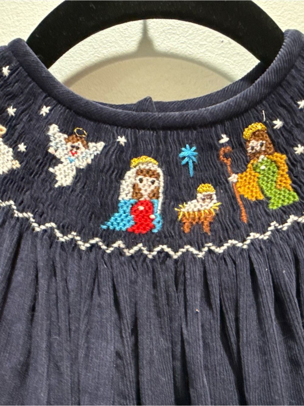 Carousel Wear Navy Corduroy Smocked Embroidered Nativity Dress Size 6 Christmas